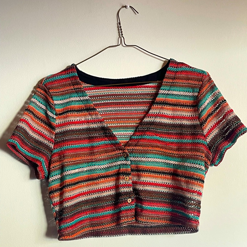 Crochet semi button up hippie rainbow crop top